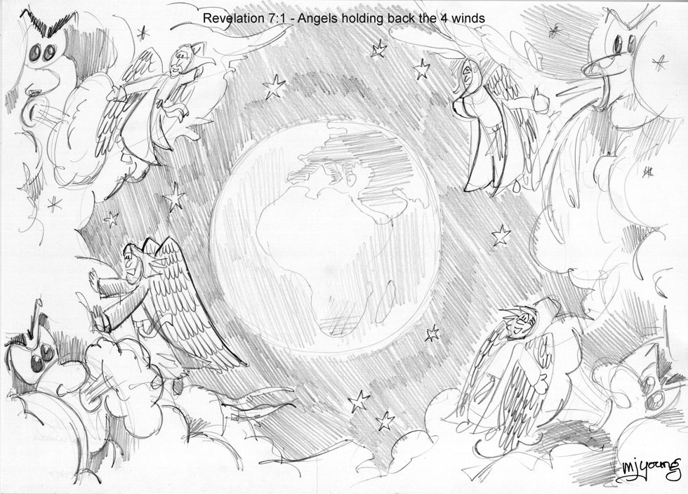 Revelation 07 - 144,000 sealed - Scene 01 - Four angels hold back the four winds - GREYSCALE sketch