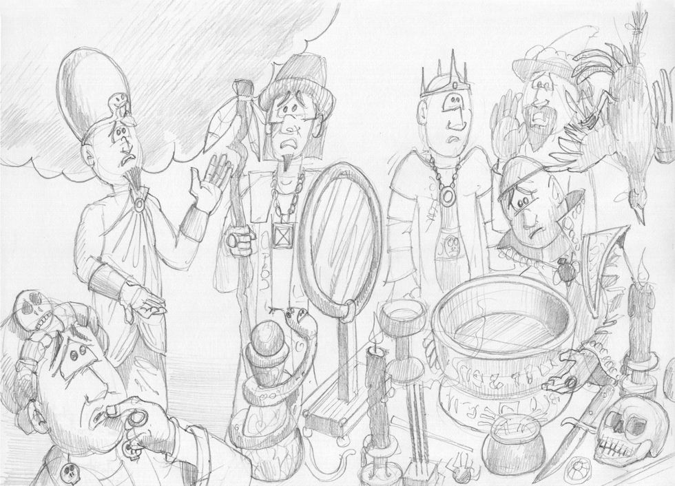 Genesis 41 - Pharaoh's dreams - Scene 03 - Magicians stumped 980x706px greyscale pencil.jpg