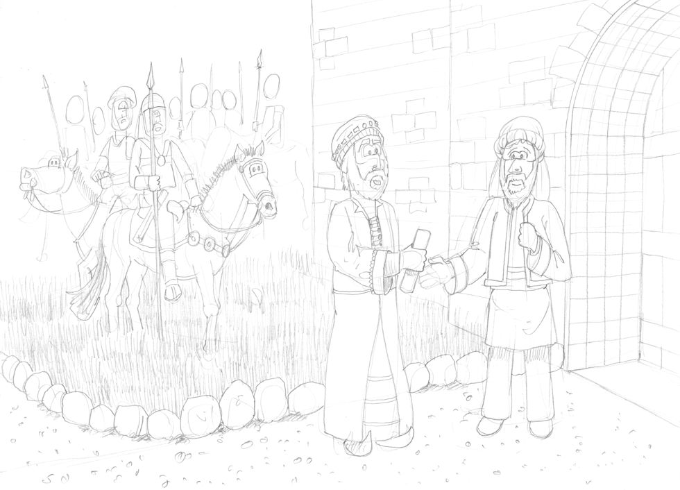 Nehemiah 02 - Nehemiah goes to Jerusalem - Scene 01 - Cavalry escort 980x706px greyscale.jpg