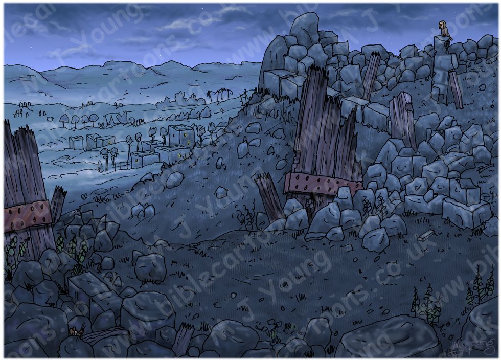 Nehemiah 02 - Nehemiah inspects Jerusalem's walls - Scene 01 - Through the Valley Gate - Background 980x706px col.jpg