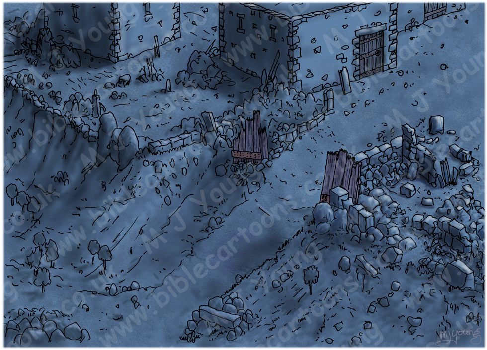 Nehemiah 02 - Nehemiah inspects Jerusalem's walls - Scene 02 - Down to the Hinnom valley - Background 980x706px col.jpg