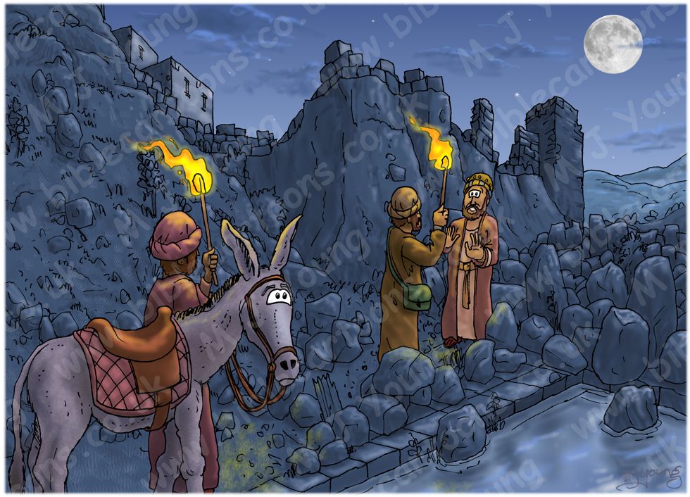 Nehemiah 02 - Nehemiah inspects Jerusalem's walls - Scene 04 - Too much rubble by pool 980x706px col.jpg