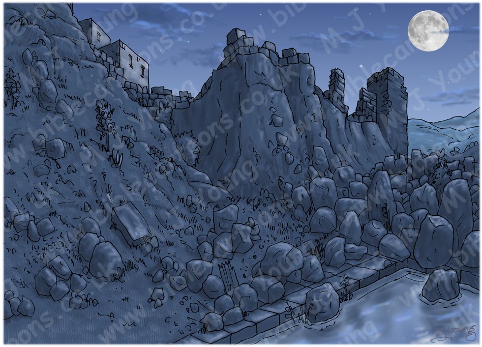 Nehemiah 02 - Nehemiah inspects Jerusalem's walls - Scene 04 - Too much rubble by pool - Background 980x706px col.jpg