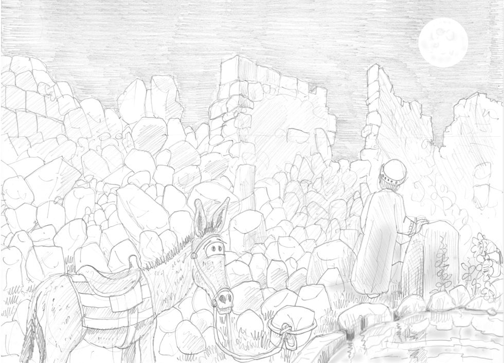 Nehemiah 02 - Nehemiah inspects Jerusalem's walls - Scene 04 - Too much rubble by pool 980x706px greyscale.jpg