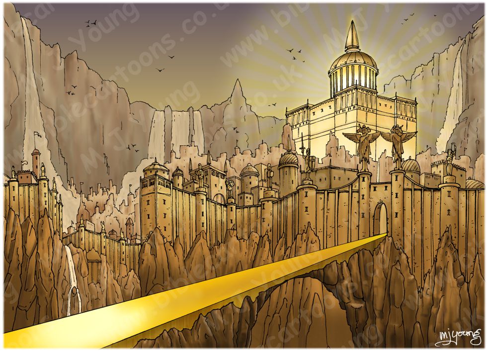 Revelation 21 - New Jerusalem - Scene 06 - City and gates  (Gold sky) - Background 980x706px col.jpg
