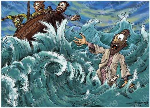 Bible Cartoons: Matthew 14 - Jesus walks on water - Scene 04 - Sinking